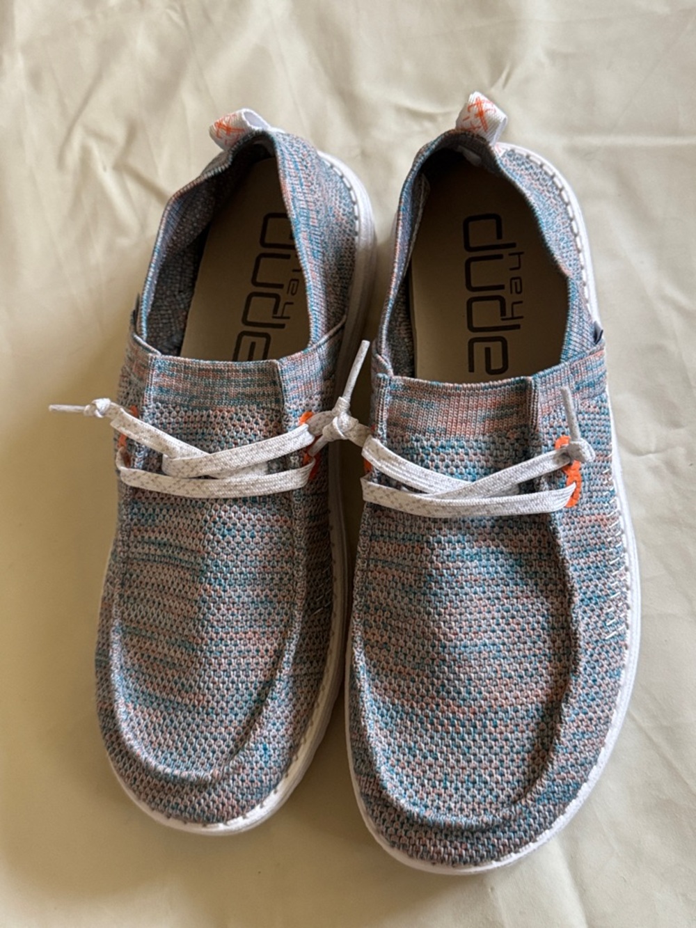 Hey Dude Knit Slip-On Shoes in Blue-Grey with Orange Accents woman’s 10